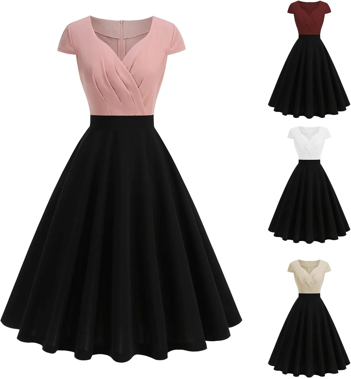 Women's Cap Sleeve Swing A Line Vintage 1950s Cocktail Dress Retro Midi Pleated Dresses 60s Elegant Evening Prom Gowns