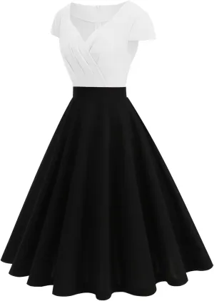 Women's Cap Sleeve Swing A Line Vintage 1950s Cocktail Dress Retro Midi Pleated Dresses 60s Elegant Evening Prom Gowns