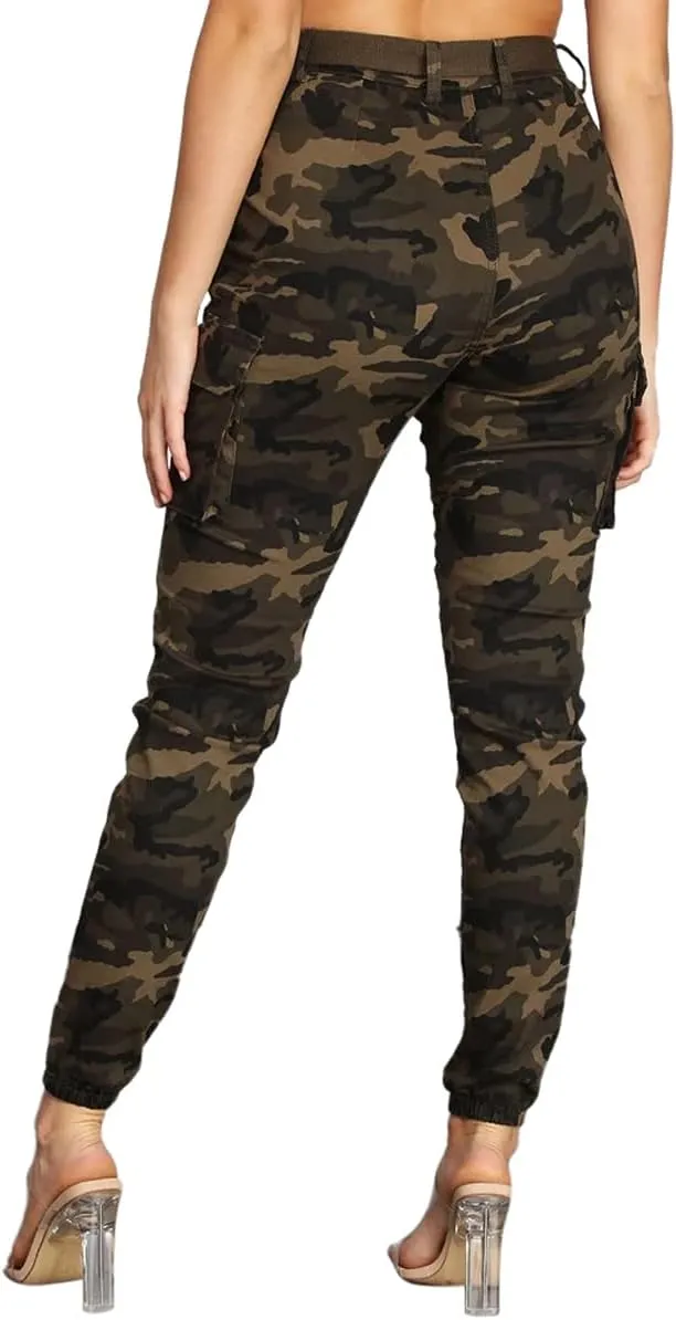 Women's Cargo Jogger Camo Pants with Pockets High Waist Slim Casual Tapered Camouflage Combat Hiking Pants