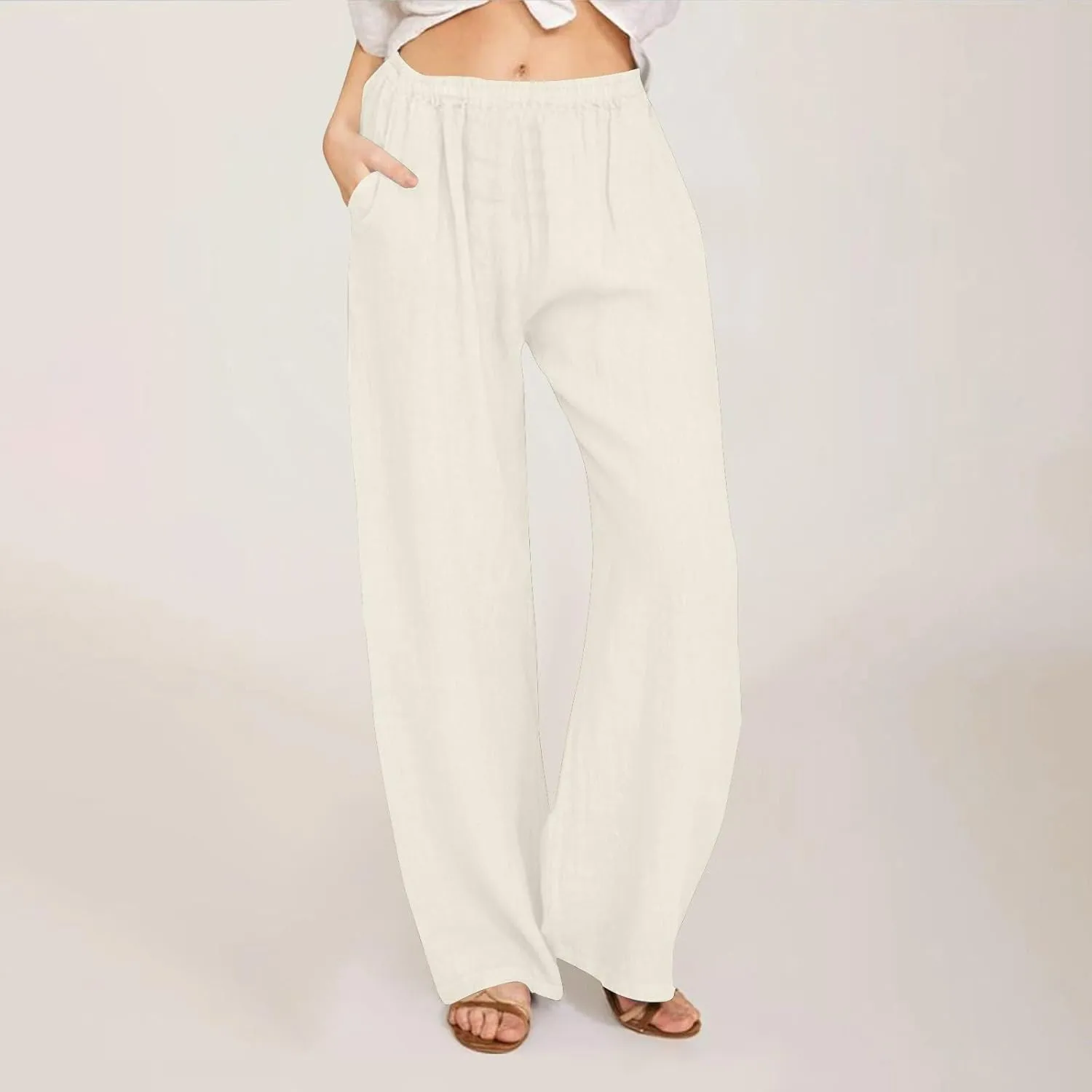 Women's Casual Linen Pants Elastic Waist Trousers Solid Pants Summer Beach Trousers Travel Outfits with 4 Pockets
