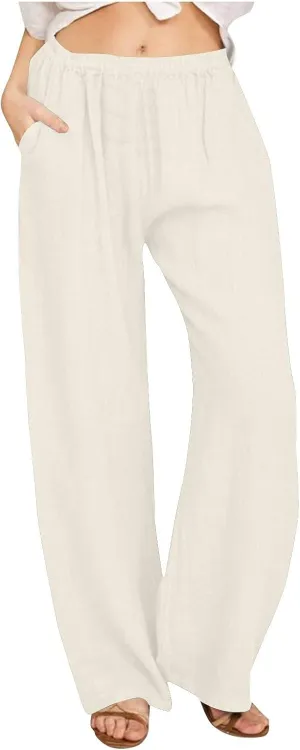 Women's Casual Linen Pants Elastic Waist Trousers Solid Pants Summer Beach Trousers Travel Outfits with 4 Pockets