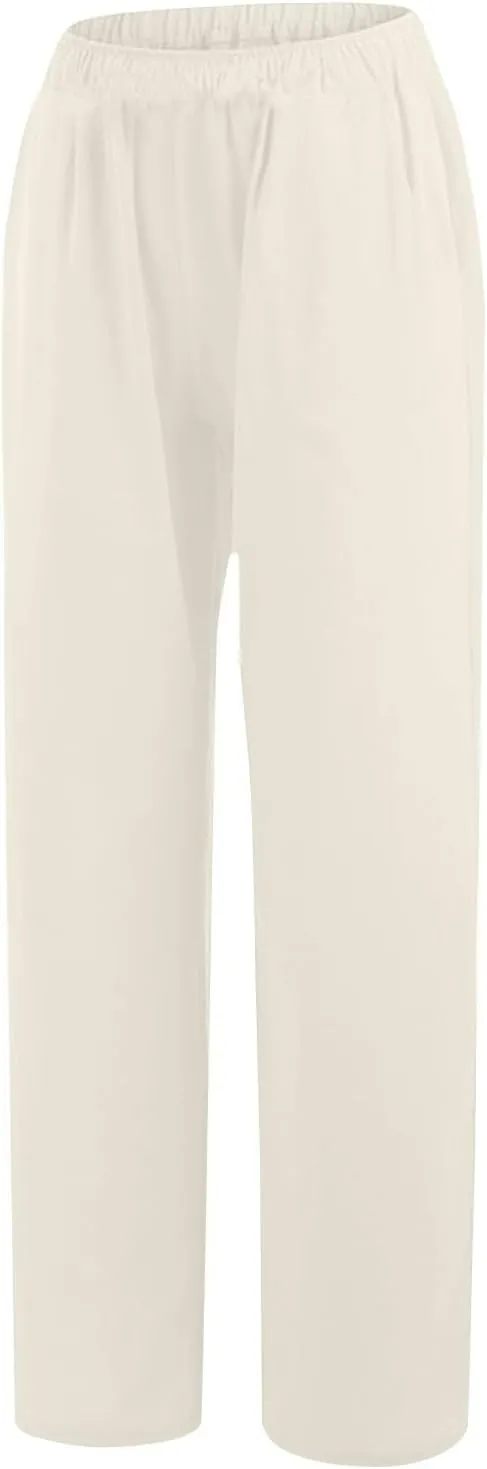 Women's Casual Linen Pants Elastic Waist Trousers Solid Pants Summer Beach Trousers Travel Outfits with 4 Pockets