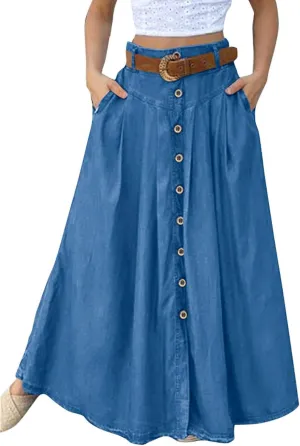 Women's Casual Retro High Waist Solid Color Wrap Button Belt Skirt Vintage Stretch Retro Denim Maxi Skirt with Pockets