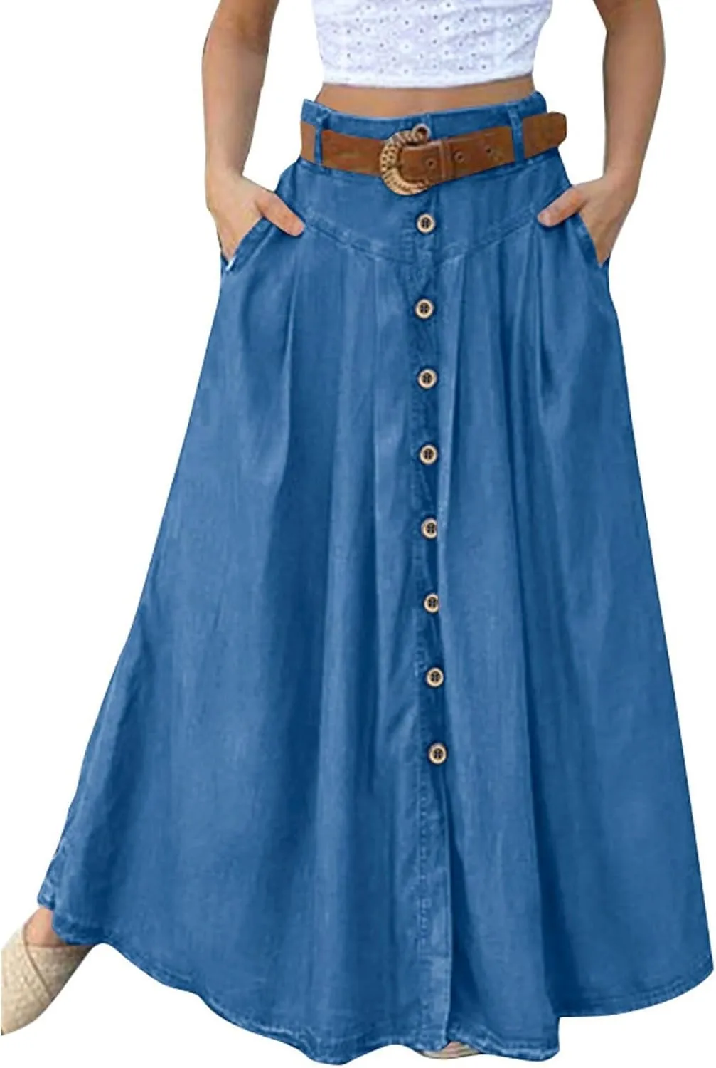 Women's Casual Retro High Waist Solid Wrap Button Belt Skirts Vintage Stretch Retro Denim Maxi Skirt with Pockets