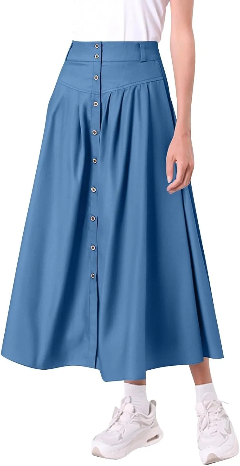 Women's Casual Retro High Waist Solid Wrap Button Belt Skirts Vintage Stretch Retro Denim Maxi Skirt with Pockets
