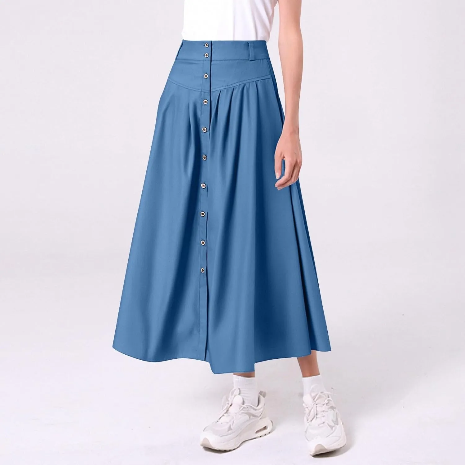 Women's Casual Retro High Waist Solid Wrap Button Belt Skirts Vintage Stretch Retro Denim Maxi Skirt with Pockets