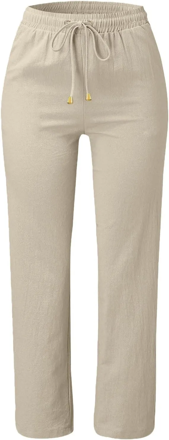 Women's Casual Straight Leg Linen Pants Elastic Waist Loose Fit Summer Beach Pants Drawstring Comfy Sweatpants