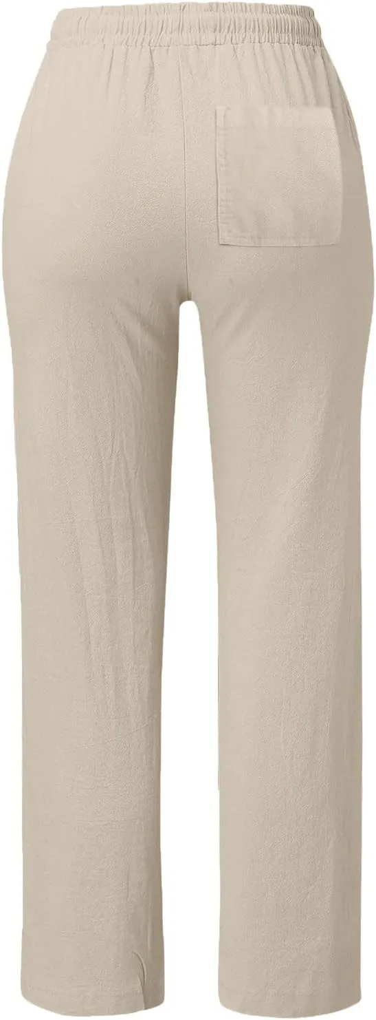 Women's Casual Straight Leg Linen Pants Elastic Waist Loose Fit Summer Beach Pants Drawstring Comfy Sweatpants