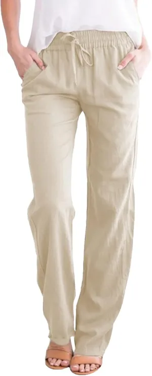 Women's Casual Straight Leg Linen Pants Elastic Waist Loose Fit Summer Beach Pants Drawstring Comfy Sweatpants
