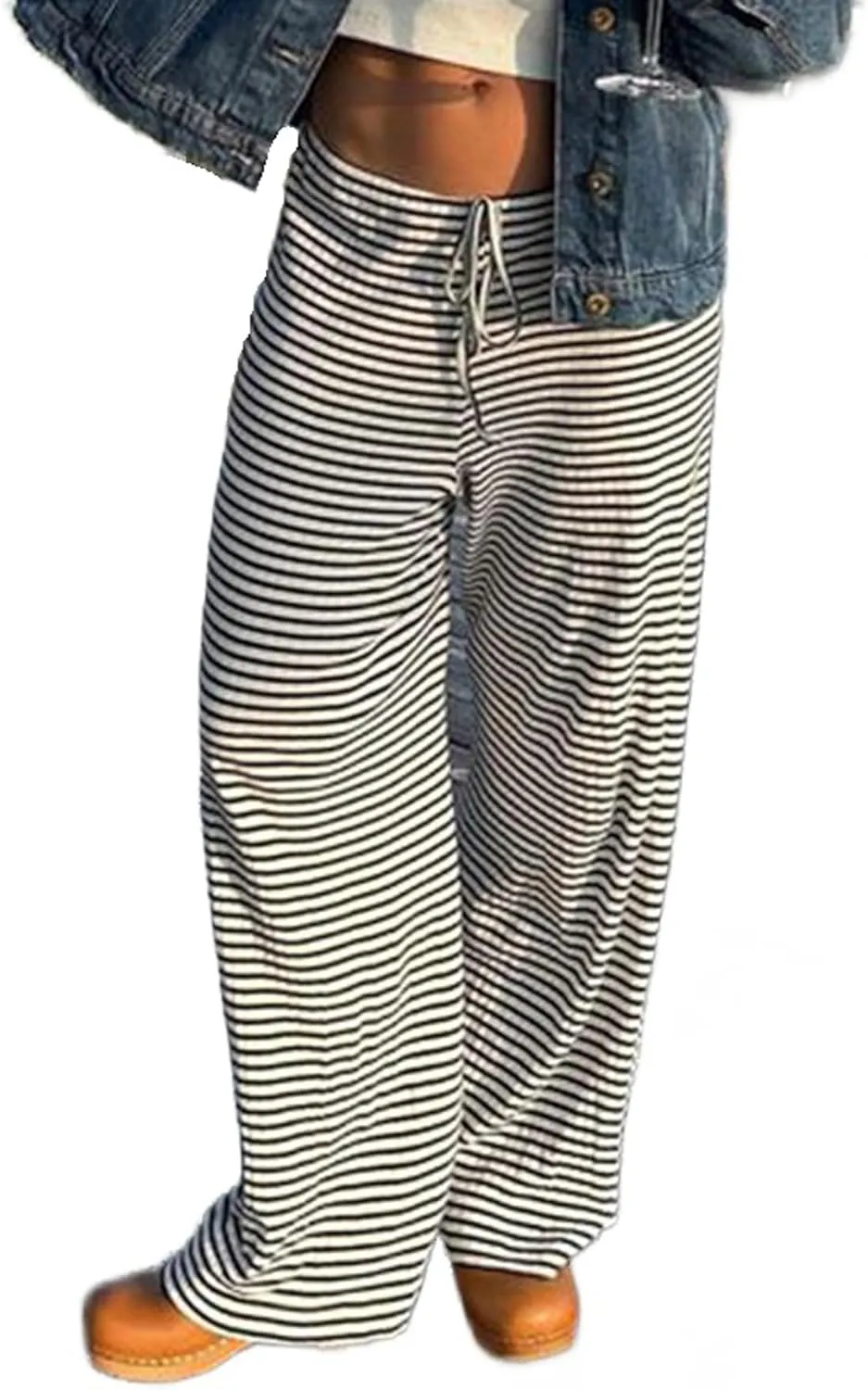 Women's Comfy Pajama Loose Casual Drawstring Lounge Pants - Striped Print Stretch Wide Leg
