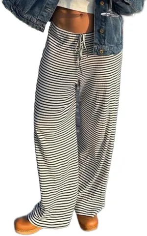 Women's Comfy Pajama Loose Casual Drawstring Lounge Pants - Striped Print Stretch Wide Leg
