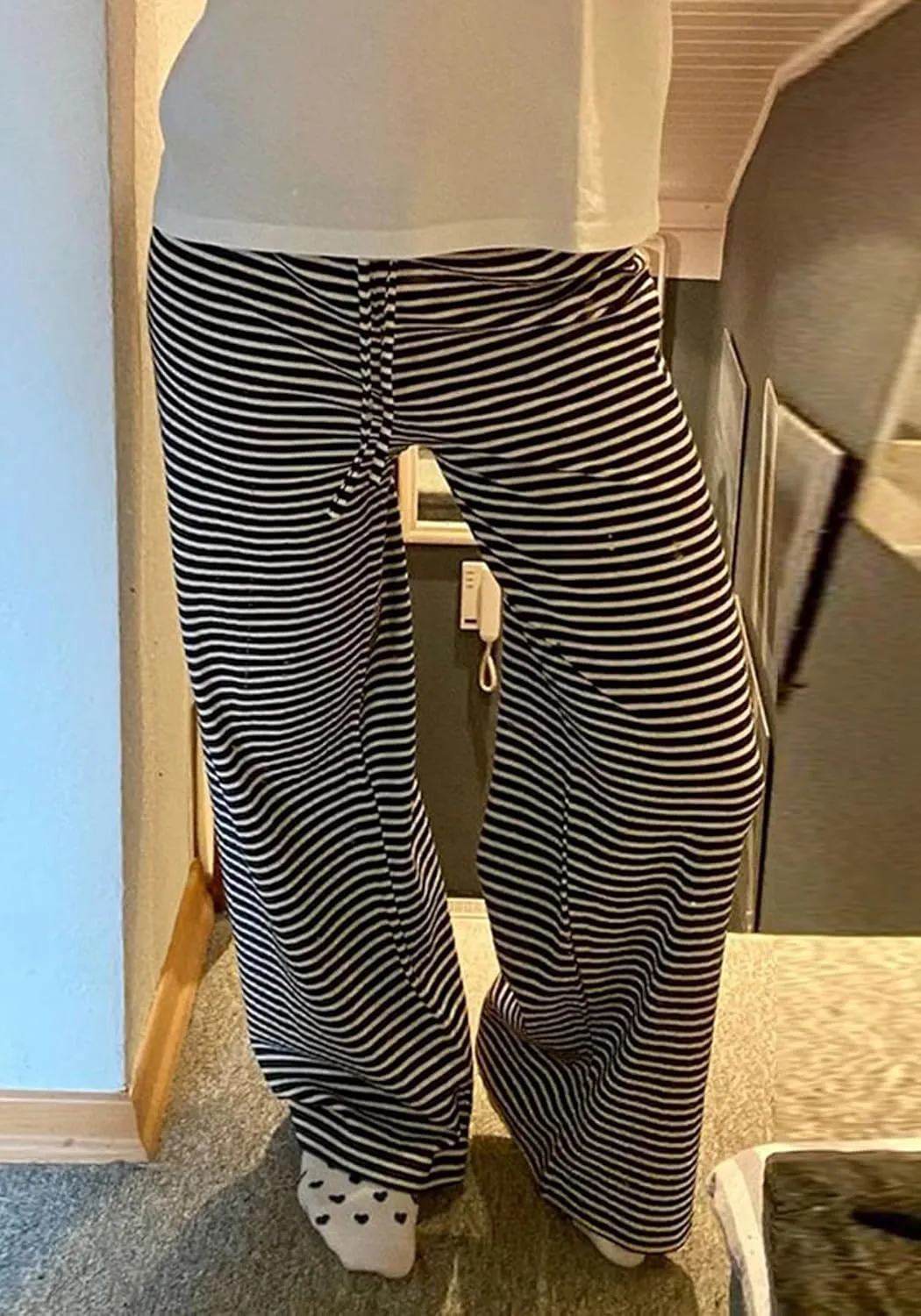 Women's Comfy Pajama Loose Casual Drawstring Lounge Pants - Striped Print Stretch Wide Leg