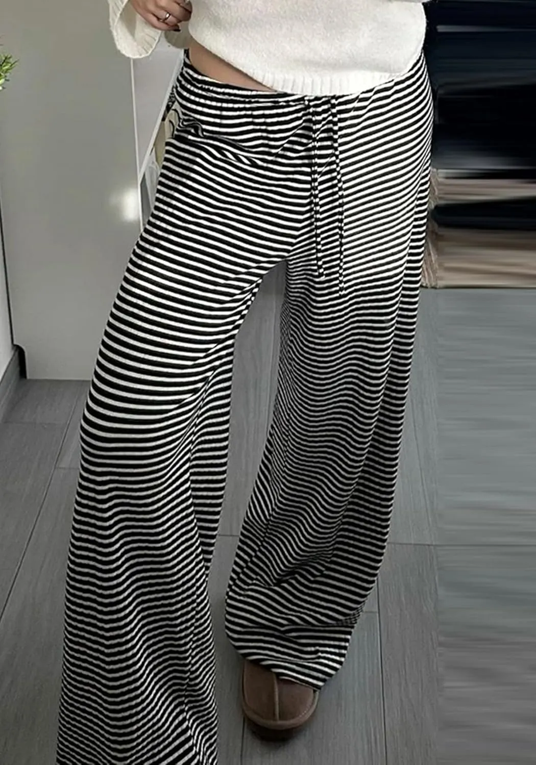 Women's Comfy Pajama Loose Casual Drawstring Lounge Pants - Striped Print Stretch Wide Leg
