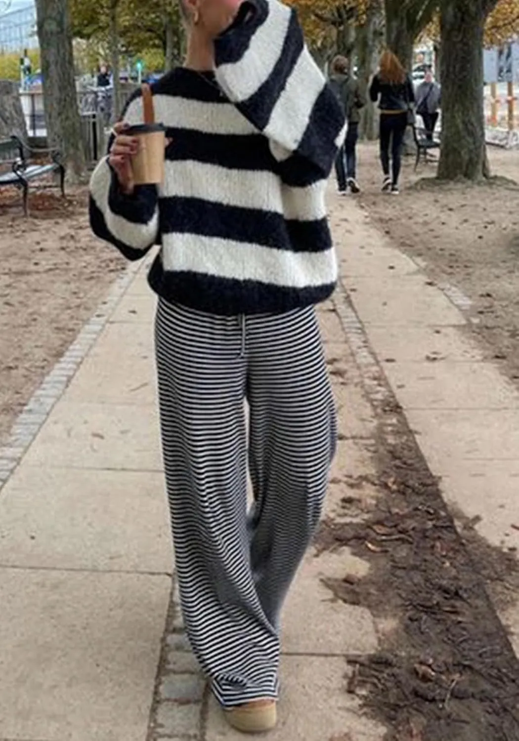 Women's Comfy Pajama Loose Casual Drawstring Lounge Pants - Striped Print Stretch Wide Leg