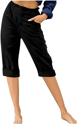 Womens Cotton Linen Capris Pants Solid High Waist Button Wide Leg Pant Summer Casual Trousers with Pockets