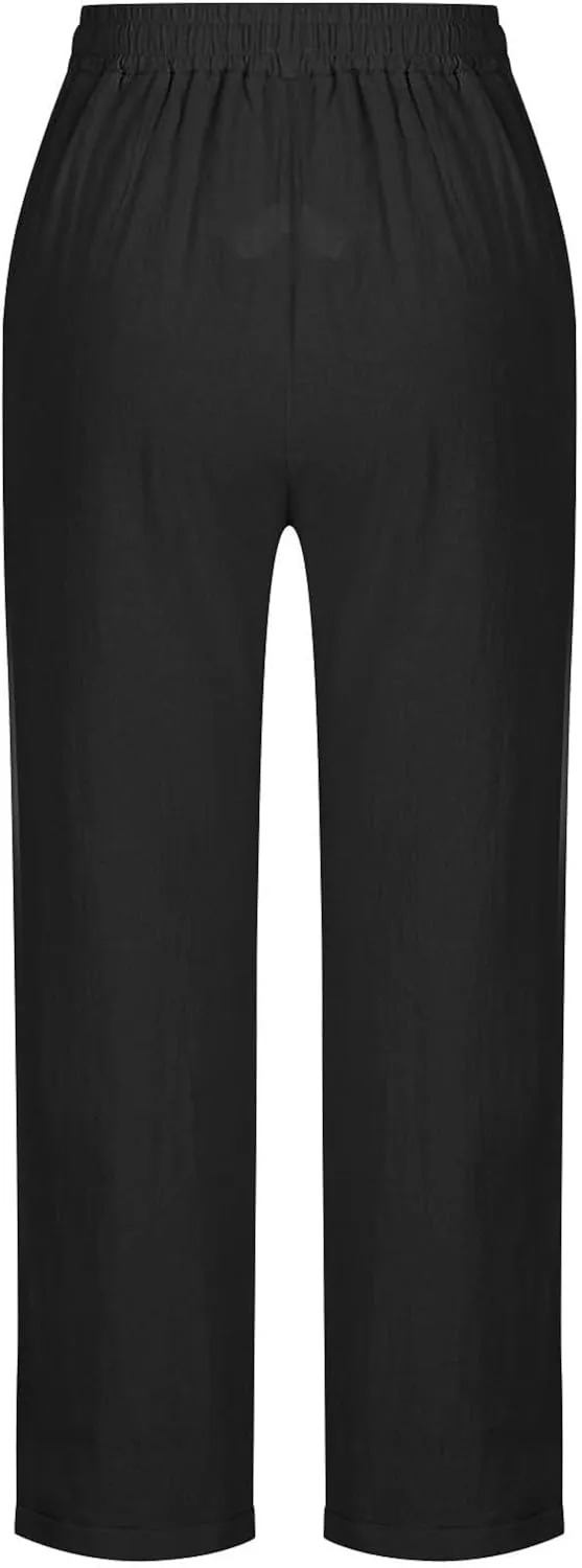 Womens Cotton Linen Pants Casual Summer 2025 Straight Loose High Waisted Drawstring Elastic Pant Beach Daily Trouser