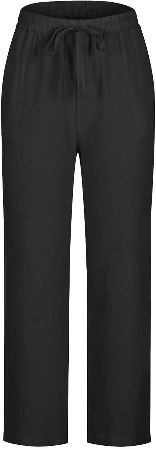 Womens Cotton Linen Pants Casual Summer 2025 Straight Loose High Waisted Drawstring Elastic Pant Beach Daily Trouser