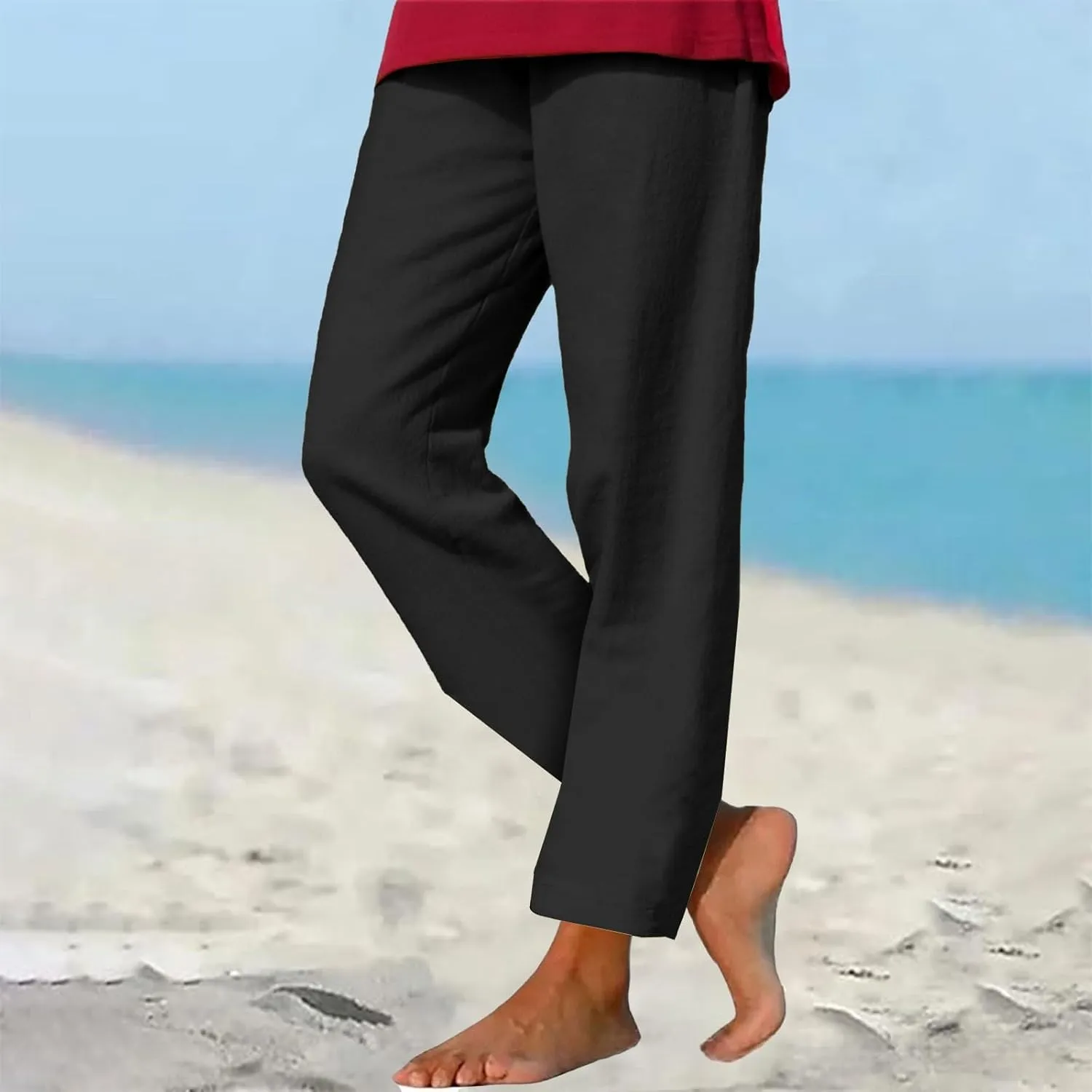 Womens Cotton Linen Pants Casual Summer 2025 Straight Loose High Waisted Drawstring Elastic Pant Beach Daily Trouser
