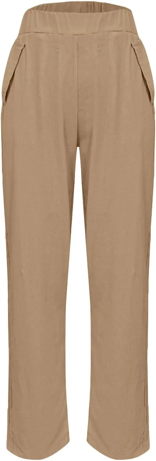 Womens Cotton Linen Pants Summer Wide Leg Solid High Waisted Palazzo Pants Flowy Lounge Beach Trousers with Pockets