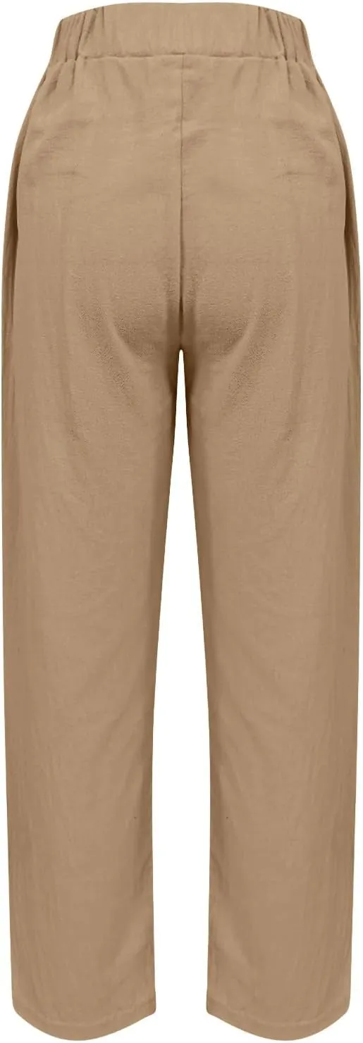 Womens Cotton Linen Pants Summer Wide Leg Solid High Waisted Palazzo Pants Flowy Lounge Beach Trousers with Pockets