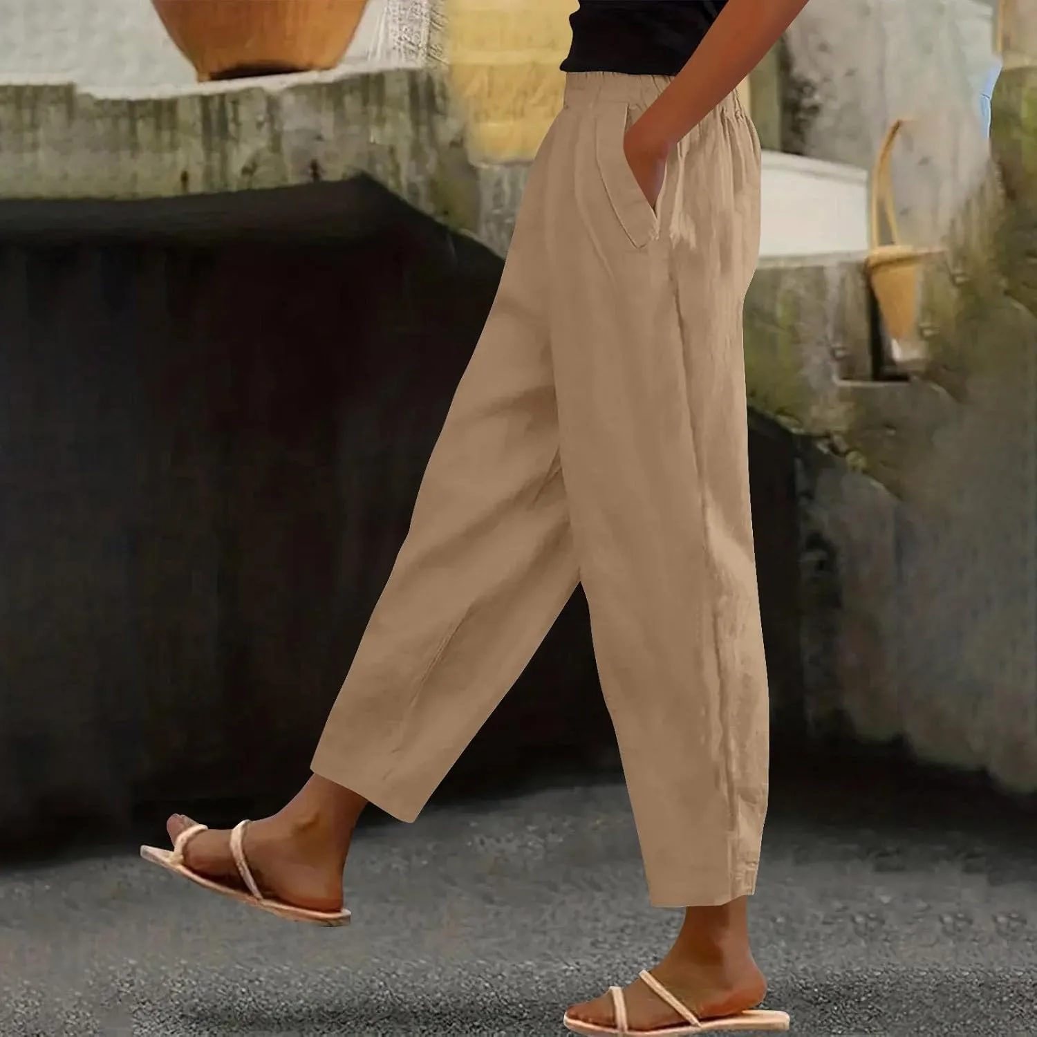 Womens Cotton Linen Pants Summer Wide Leg Solid High Waisted Palazzo Pants Flowy Lounge Beach Trousers with Pockets