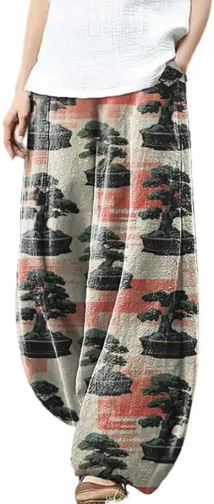 Womens Cotton Linen Wide Leg Pants High Waist Casual Loose Fit Summer Beach Yoga Harem Baggy Hippie Pants