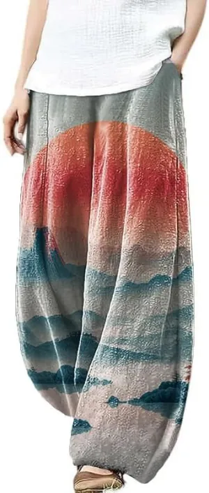 Womens Cotton Linen Wide Leg Pants High Waist Casual Loose Fit Summer Beach Yoga Harem Baggy Hippie Pants