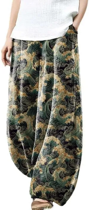 Womens Cotton Linen Wide Leg Pants High Waist Casual Loose Fit Summer Beach Yoga Harem Baggy Hippie Pants