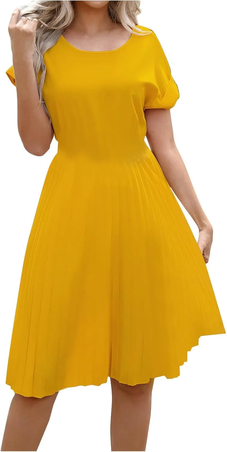Women's Crew Neck Short Sleeve Dresses Classy Simple Solid A-Line Pleated Dresses Casual Summer Beach Sundress