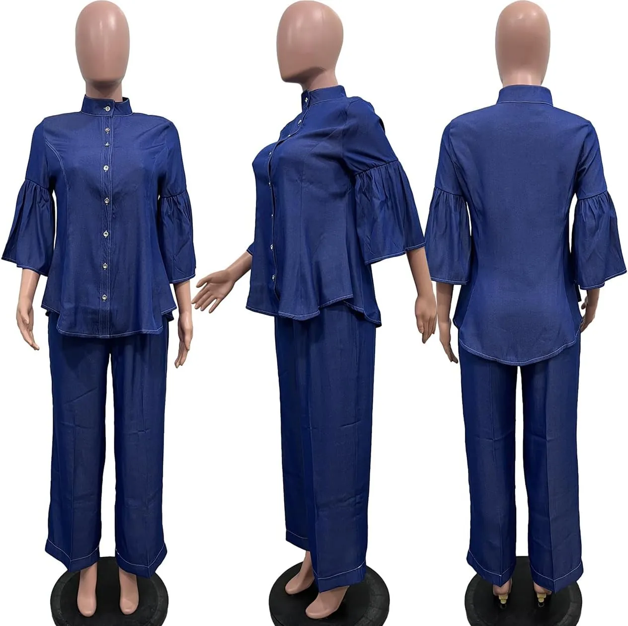 Women's Denim 2 Piece Outfits Flared Sleeve Button Down Shirt and Straight Long Pants Clubwear
