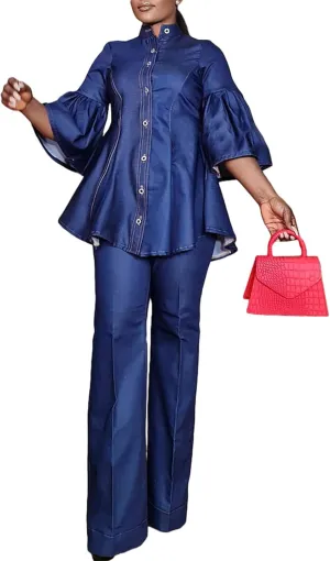 Women's Denim 2 Piece Outfits Flared Sleeve Button Down Shirt and Straight Long Pants Clubwear