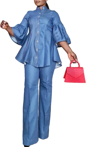 Women's Denim 2 Piece Outfits Flared Sleeve Button Down Shirt and Straight Long Pants Clubwear