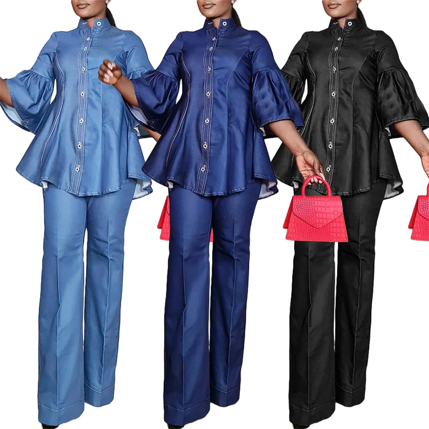 Women's Denim 2 Piece Outfits Flared Sleeve Button Down Shirt and Straight Long Pants Clubwear