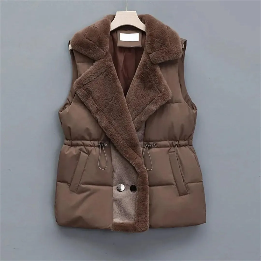 Women's Down Cotton-Padded Vest Jacket Sleeveless Suit Collar Waist Waistcoat Short Coat Tops(Khaki,Medium)