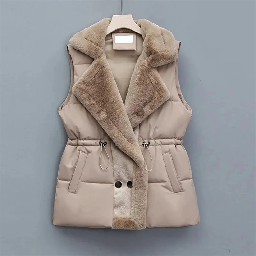 Women's Down Cotton-Padded Vest Jacket Sleeveless Suit Collar Waist Waistcoat Short Coat Tops(Khaki,Medium)