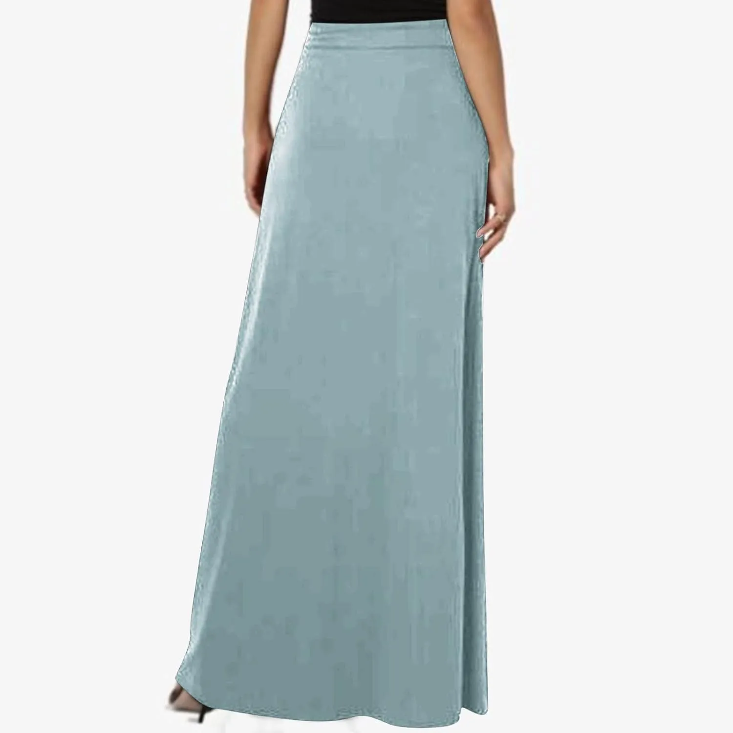 Womens High Elastic Waist Maxi Skirts Basic Drawstring Ankle Length Skirts Ladies A Line Solid Skirts with Pockets