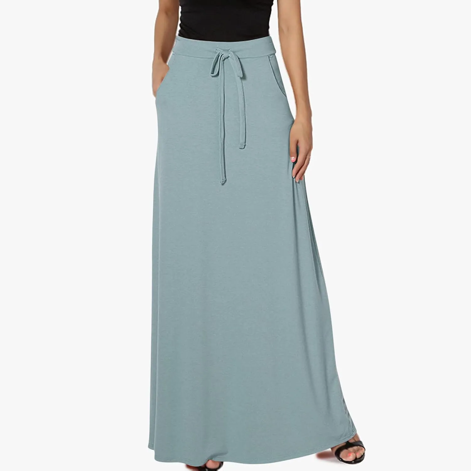 Womens High Elastic Waist Maxi Skirts Basic Drawstring Ankle Length Skirts Ladies A Line Solid Skirts with Pockets