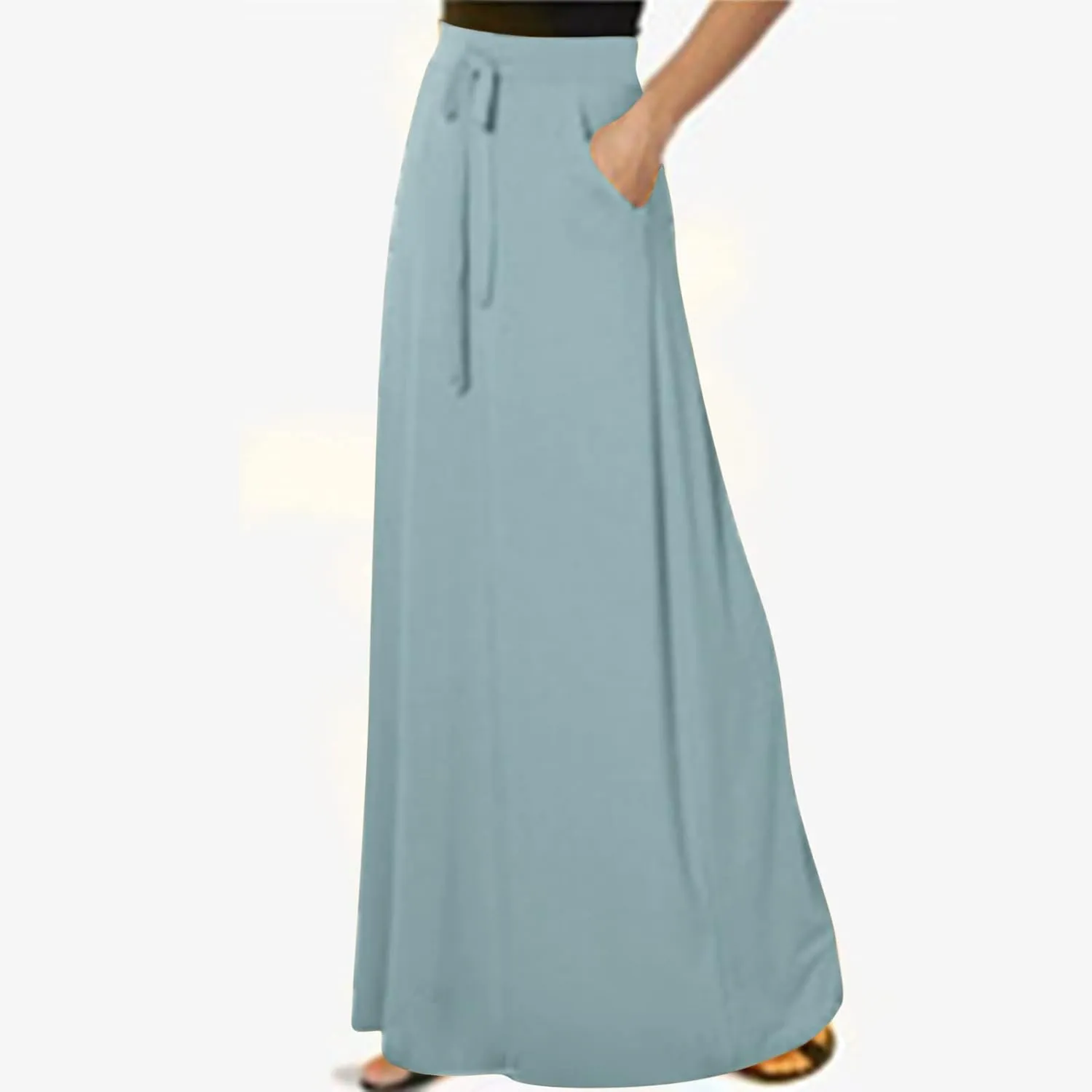 Womens High Elastic Waist Maxi Skirts Basic Drawstring Ankle Length Skirts Ladies A Line Solid Skirts with Pockets