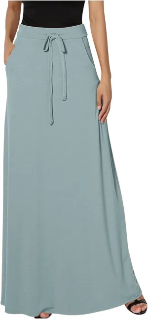 Womens High Elastic Waist Maxi Skirts Basic Drawstring Ankle Length Skirts Ladies A Line Solid Skirts with Pockets