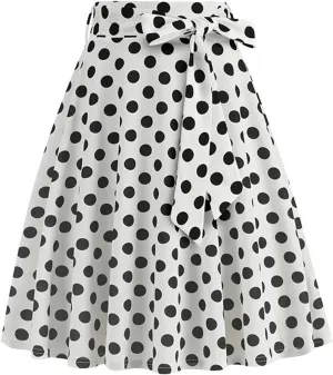 Womens High Waist Polka Dot Pleated Skirt Midi Swing Skirt with Belt A-Line Pleated Vintage Skirts for Women 2024