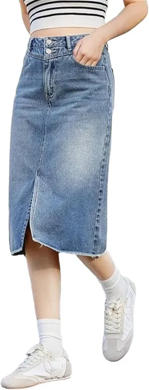 Women's High Waisted Slit Straight Denim Skirts Lady Office Regulai Fit Non Strech Jean Skirt