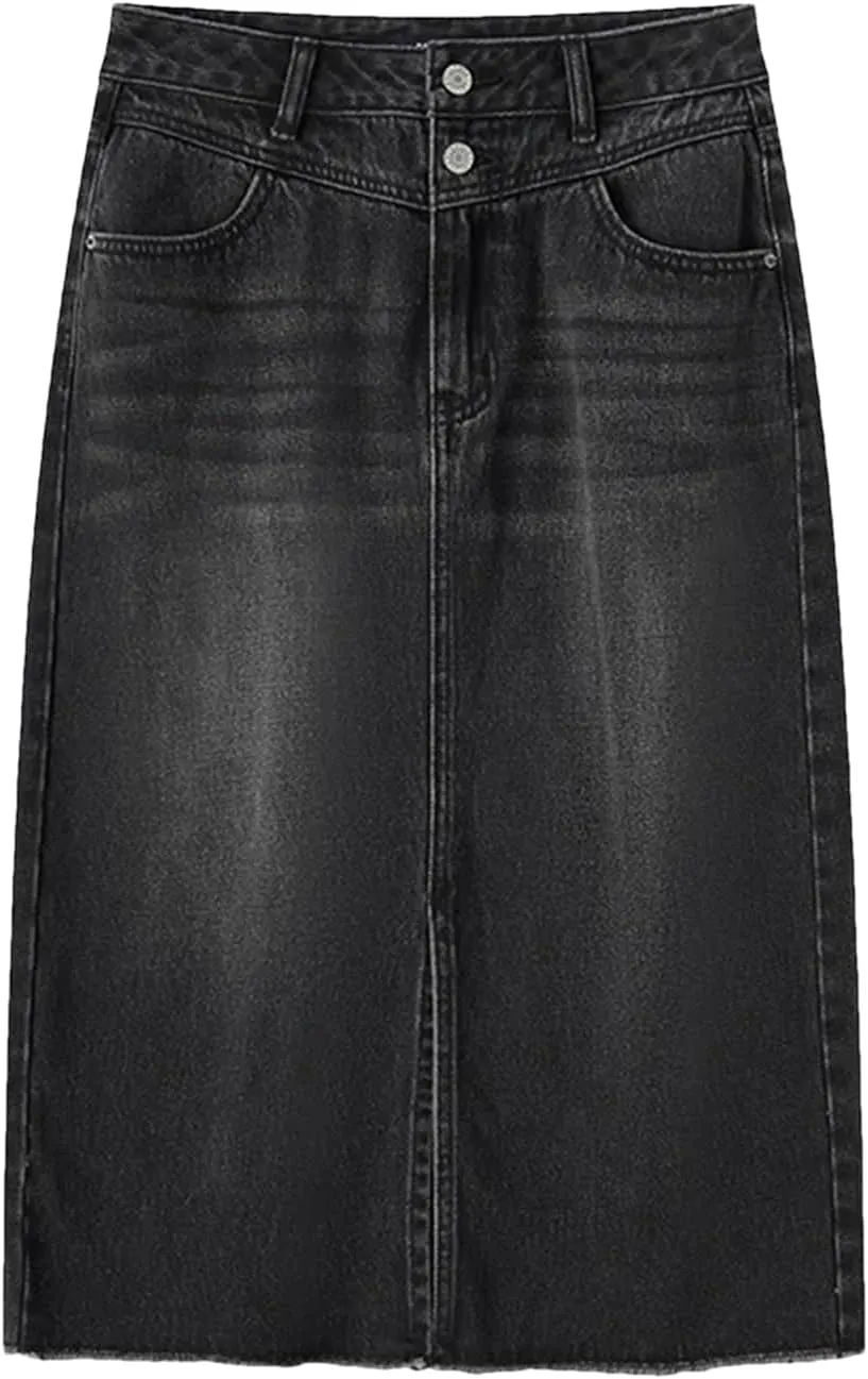 Women's High Waisted Slit Straight Denim Skirts Lady Office Regulai Fit Non Strech Jean Skirt