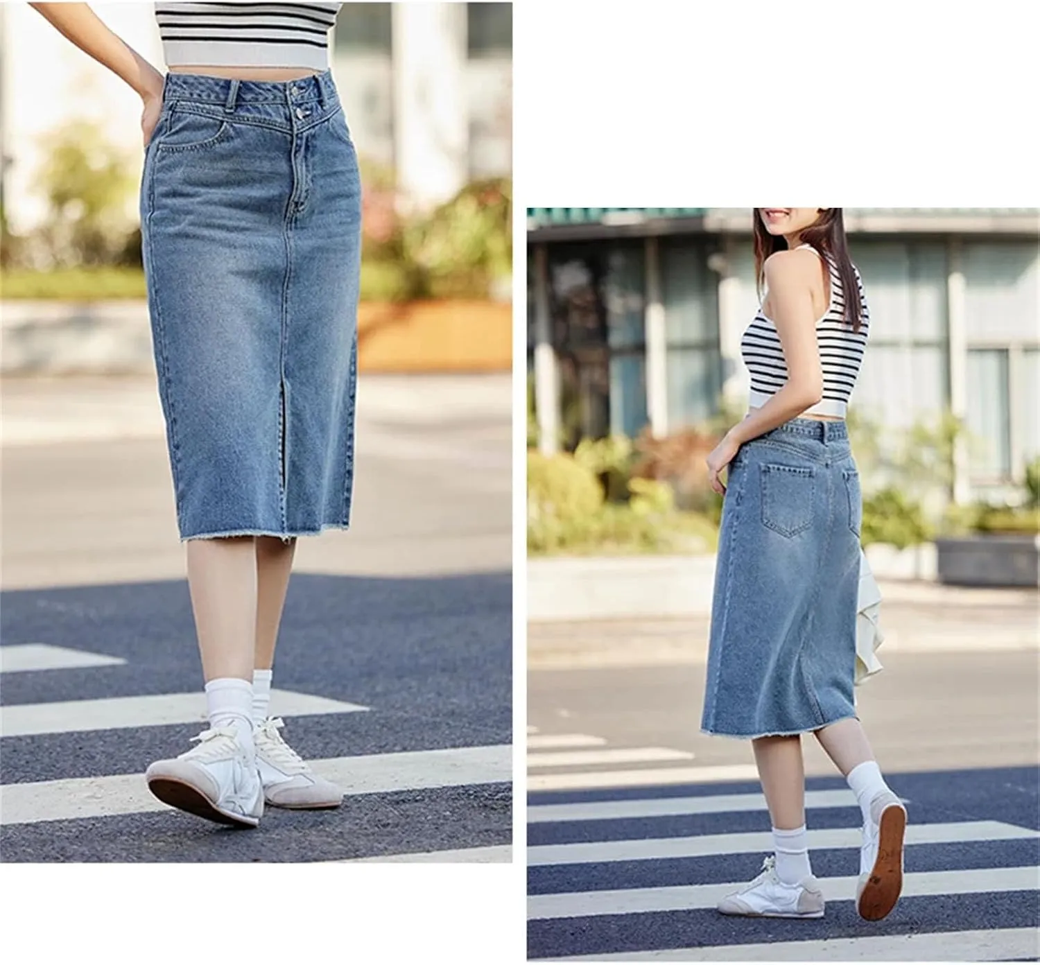 Women's High Waisted Slit Straight Denim Skirts Lady Office Regulai Fit Non Strech Jean Skirt