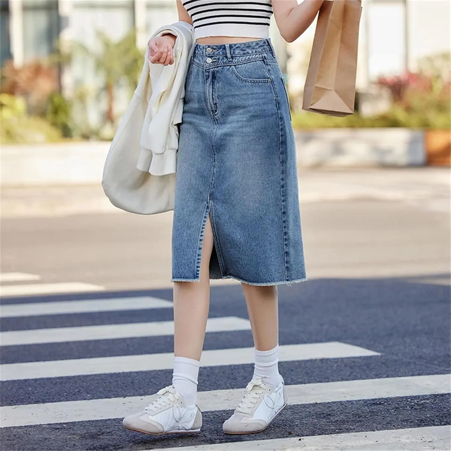Women's High Waisted Slit Straight Denim Skirts Lady Office Regulai Fit Non Strech Jean Skirt