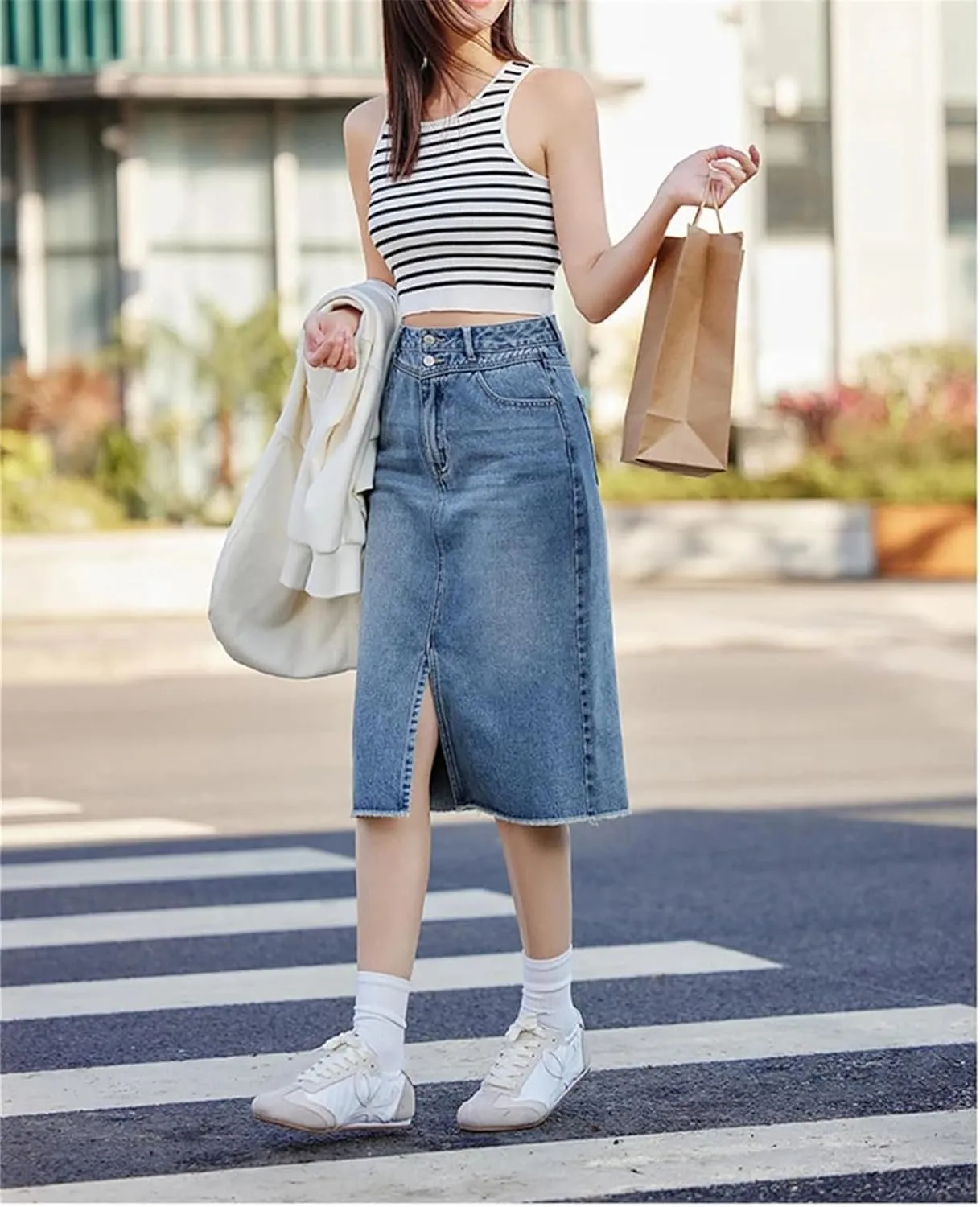 Women's High Waisted Slit Straight Denim Skirts Lady Office Regulai Fit Non Strech Jean Skirt