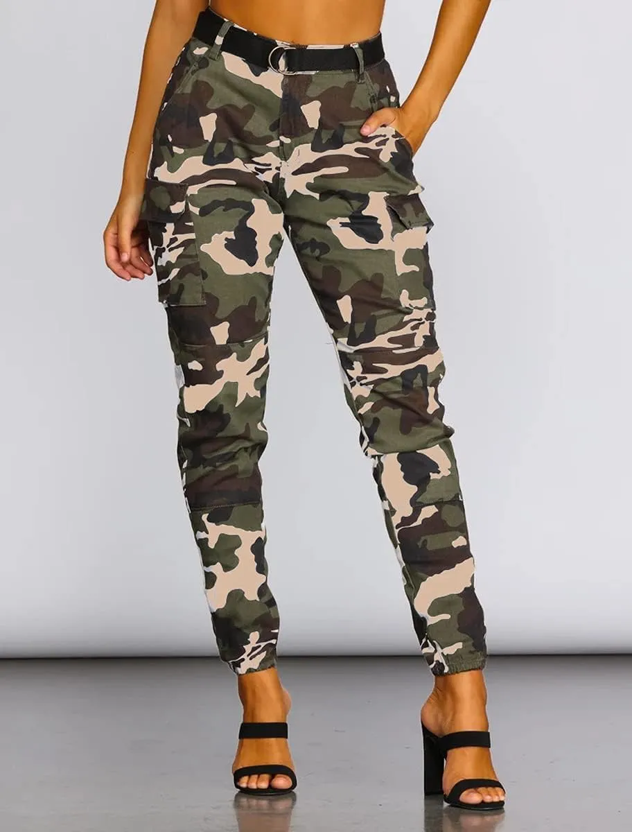 Women's Hiking Cargo Jogger Camo Pants with Pockets High Waisted Slim Casual Outdoor Tapered Combat Works Pants