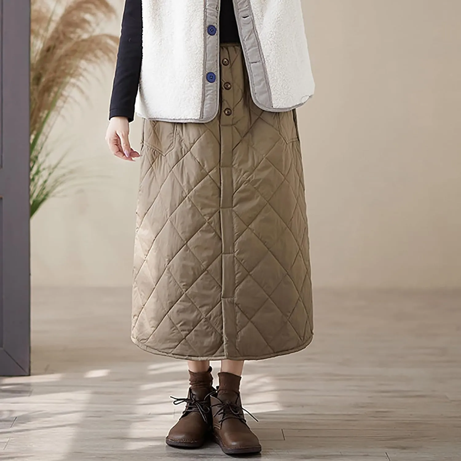 Womens Insulated Long Down Skirt Winter Warm Padded Puffer Quilted Skirt with Pockets Windproof A-Line Skirt