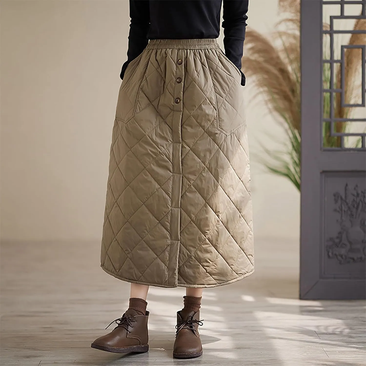 Womens Insulated Long Down Skirt Winter Warm Padded Puffer Quilted Skirt with Pockets Windproof A-Line Skirt