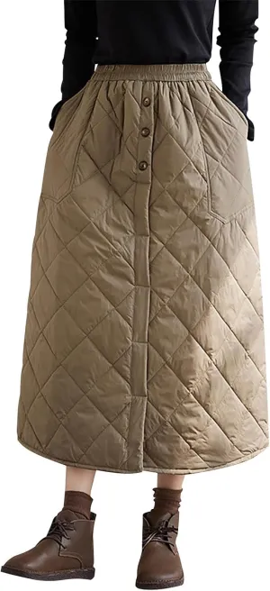 Womens Insulated Long Down Skirt Winter Warm Padded Puffer Quilted Skirt with Pockets Windproof A-Line Skirt