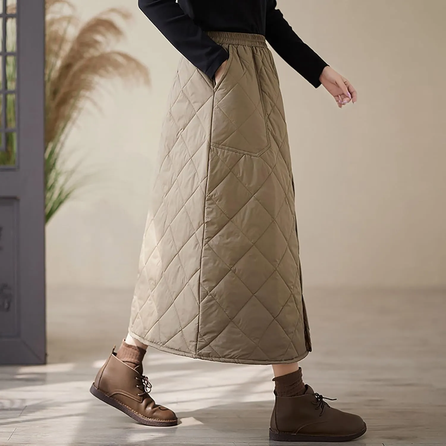 Womens Insulated Long Down Skirt Winter Warm Padded Puffer Quilted Skirt with Pockets Windproof A-Line Skirt
